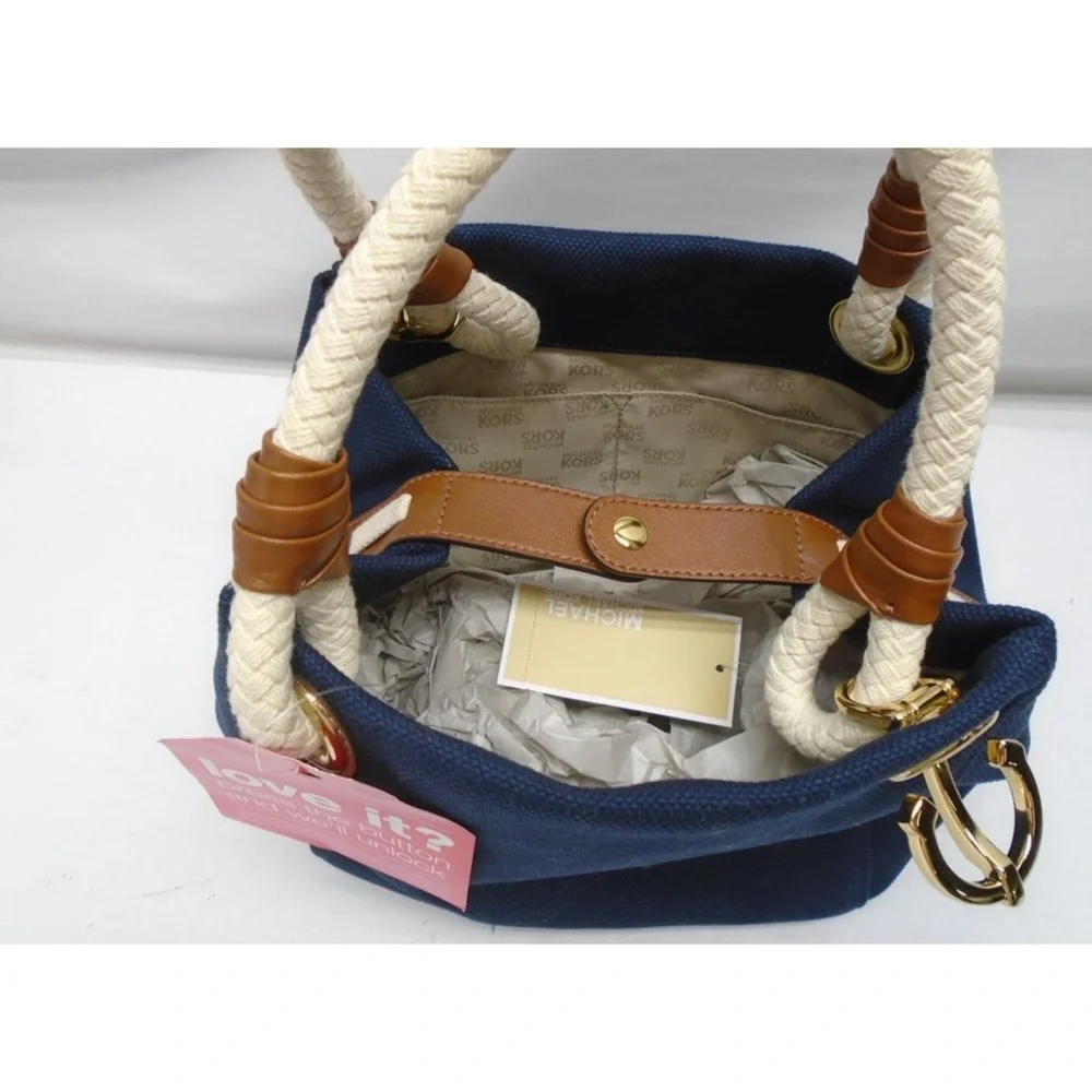 MICHAEL KORS Marina Medium Grab Bag Navy Canvas Rope Handles‎ NWT